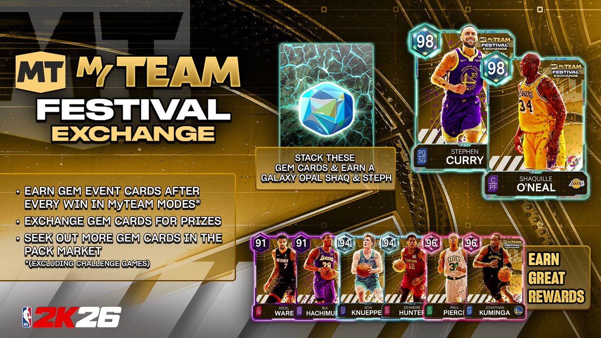 NBA2KMyTEAM's tweet image. The MyTEAM Festival is LIVE! 🎉🚨

Win games, earn Festival Event Cards, and exchange them for elite talent including 💫 Galaxy Opal Steph Curry and Shaquille O’Neal, ☄️ Pink Diamond Paul Pierce and Jonathan Kuminga, 💎 Kon Knueppel and De’Andre Hunter, ☂️ Amethyst Rui Hachimura…