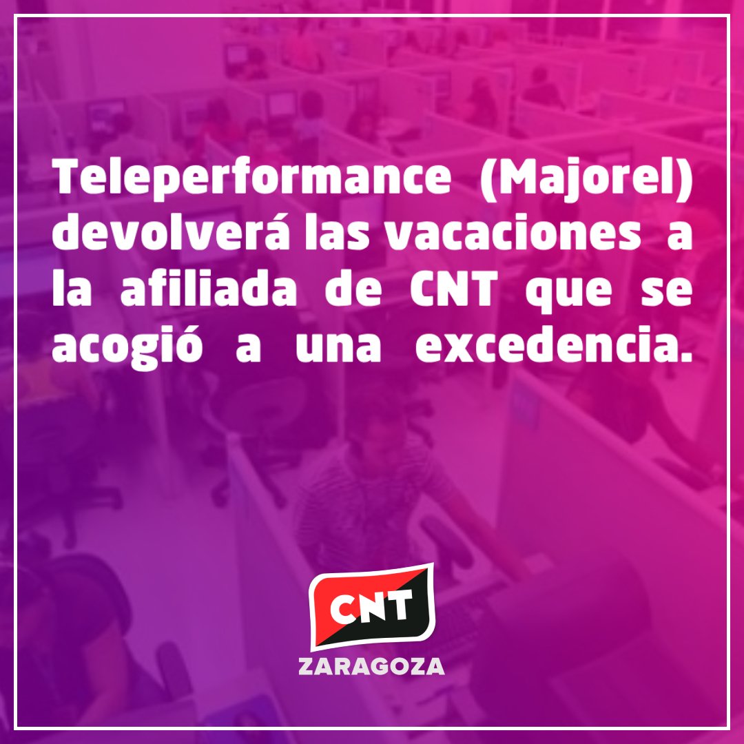 CNT_Zaragoza's tweet photo. https://t.co/8RzYM0Yhhy

✌️🔴⚫ Nueva victoria en el sector. Si trabajas en Teleperformance (Majorel), cuenta con CNT 💪

#contrapodersindical #cntzaragoza #cnt https://t.co/NWDNkVma2l