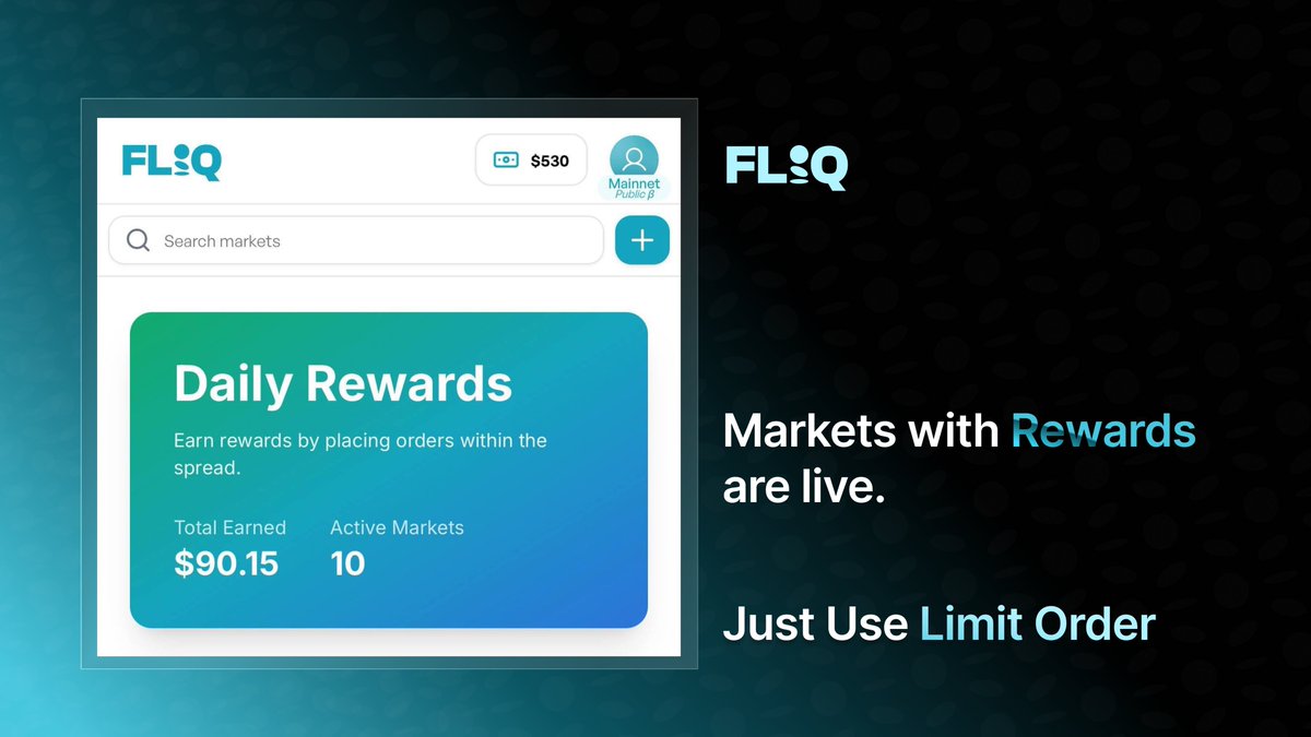 Fliq traders are built different!

Traders are pulling $30-50+ USD daily just by using limit orders on LP rewards markets.

Better fills + passive income = the trading  UX you didn't know you needed.

Stop overpaying for market orders. Start getting rewarded for limit orders 💙
