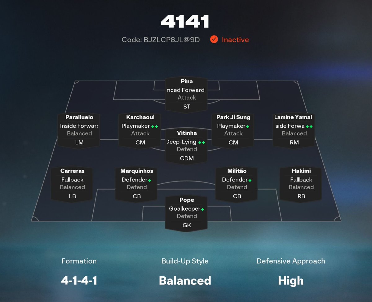 FutServicePro's tweet image. 🔥 4-1-4-1 Tactics 🔥

The best counter to the current most-used formation, the 4-5-1.

Compact, stable, and perfect for shutting down overloaded midfields while hitting back with clean transitions.✅

If you’re struggling vs 4-5-1… this is your solution.👀