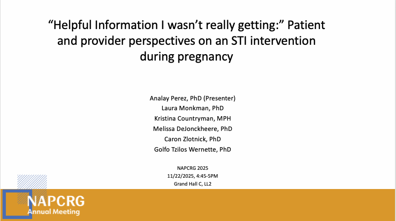 Don't miss our Asst. Prof Analay Perez, PhD's presentation on, “'Helpful Information I wasn’t really getting:' Patient and provider perspectives on a STI intervention during pregnancy” from 4:45-5 p.m. in Grand Hall C – LL2 at #NAPCRG. Fascinating work!

napcrg.org/conferences/20…