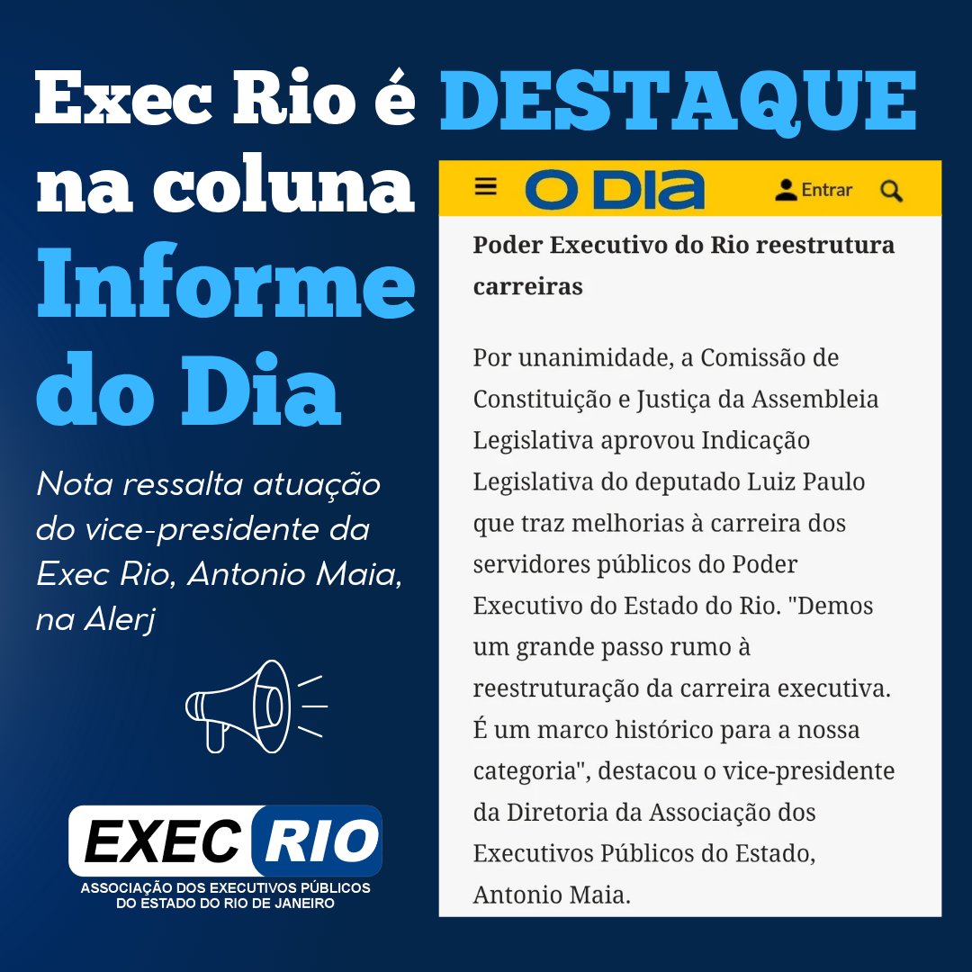 execrio's tweet image. Na coluna #InformedoDia de ontem (20/11), a luta da Associação dos Executivos Públicos do Estado do Rio de Janeiro (Exec Rio) para trazer melhorias às carreiras dos executivos públicos foi destaque: acesse.one/Vvyus