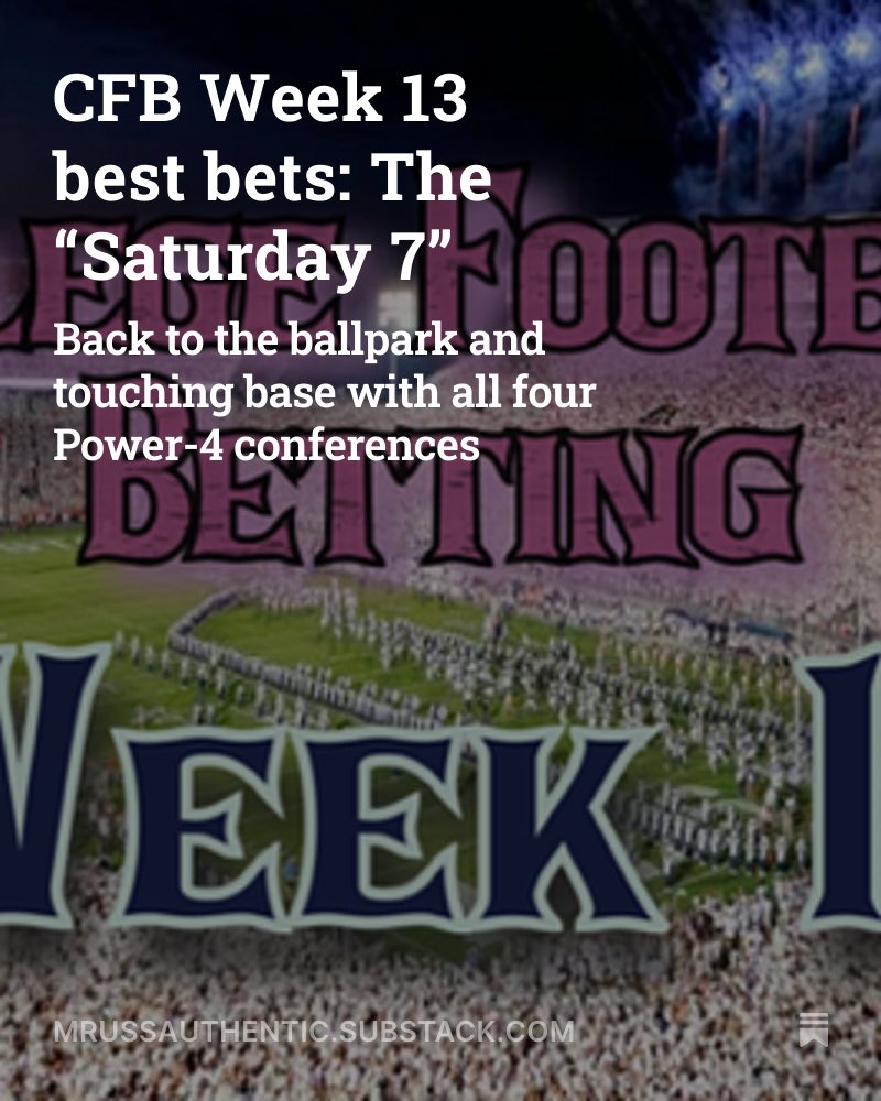 The “Saturday 7” is up for Week 13 in college football!

We’ve got one game from each of the Power-4 conferences, two from the heated-battle that is the American, and a message-sending game from a team left out of the College Football Playoff Rankings.

mrussauthentic.substack.com/p/cfb-week-13-…