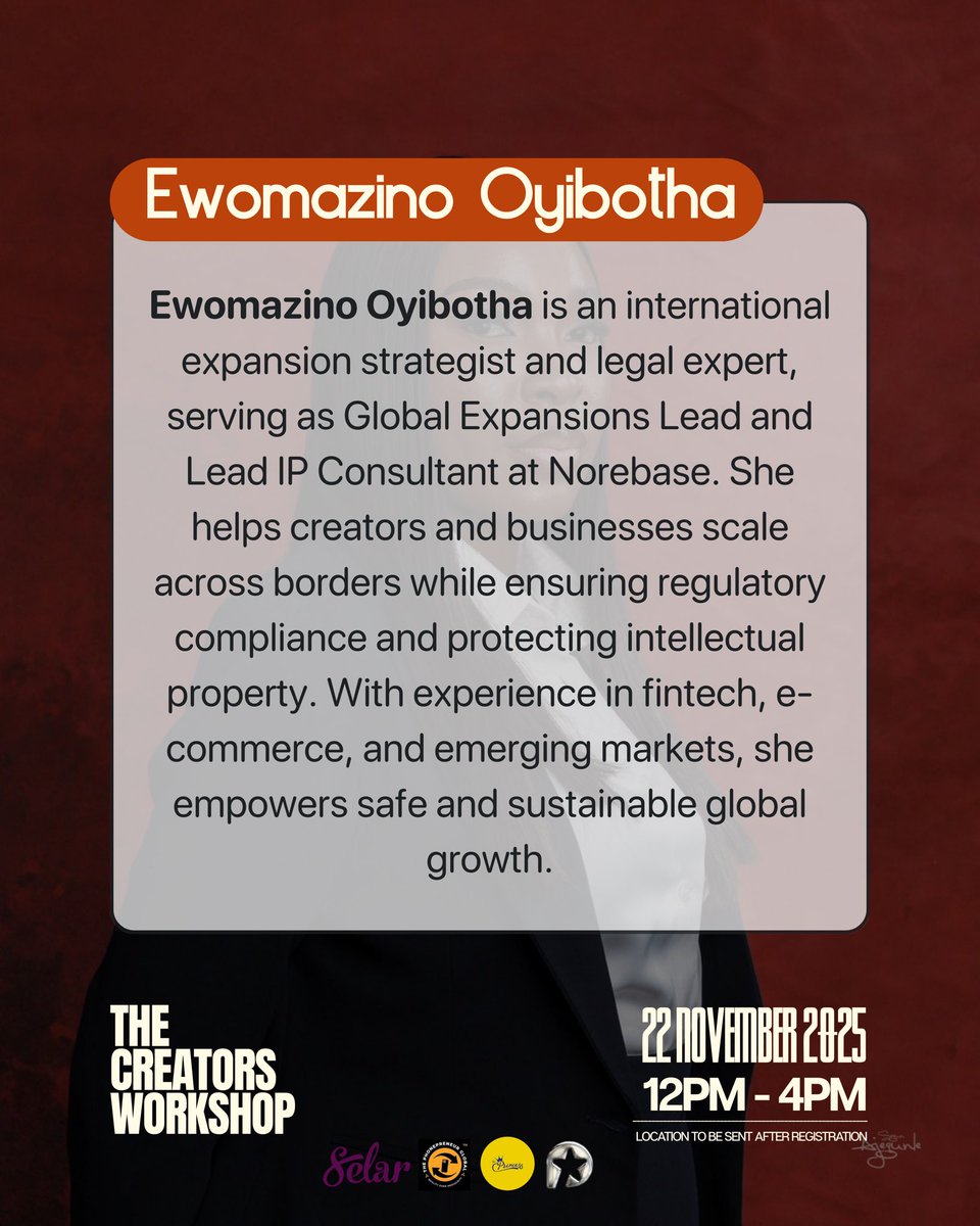 thearikesamuel's tweet image. We’re excited to have @oyibutter join us! 

A legal expert who has supported countless creators in expanding globally, she’ll be teaching you how to protect your work and your IP. 

If you’re serious about your creative journey, you can’t miss tomorrow’s session.