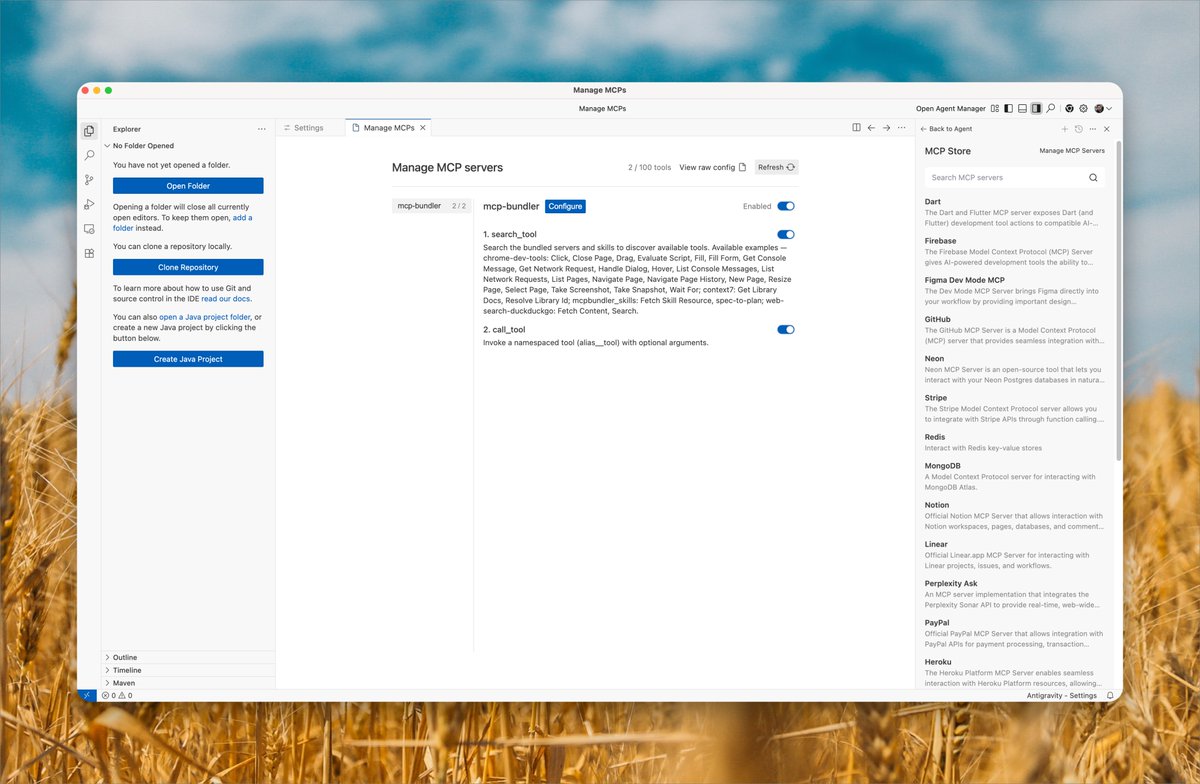 selfhosted_ai's tweet image. Since @antigravity is rebranded windsurf, it&apos;s easy to add #MCPbundler. Edit raw JSON MCP config &amp;amp; paste windsurf config from MCPbundler.