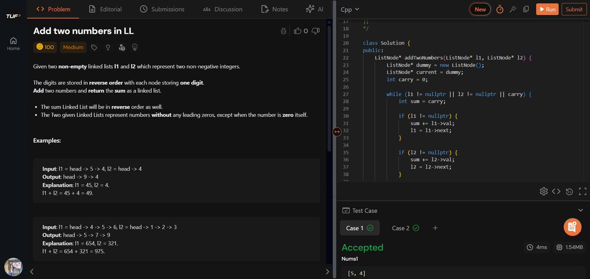 amansharma264's tweet image. ✅ Completed Step 6 – Lecture 6 of #TUFWinterArc  with @takeUforward_  (Striver Sir) 🚀

🧠 Topics Covered (Linked List – Medium Problems):
🔹 Find the Intersection Point of Two Linked Lists (Medium)  
🔹 Add 1 to a Number Represented by Linked List (Medium)  
🔹 Add Two Numbers…