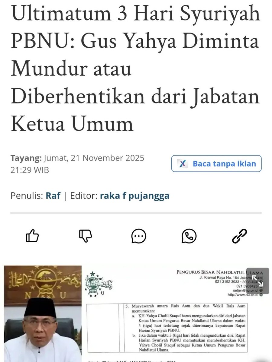 bangherwin's tweet photo. Ketua PBNU hari ini terlihat lebih sibuk menjaga tambang, sang adik dan citra politisi, ketimbang menjaga martabat umatnya sendiri.

PBNU seperti "Di Persimpangan Marwah dan Kekuasaan"

Begini jadinya kalau rumah besar teralihkan oleh hiruk-pikuk istana:
• yang seharusnya memimpin, malah ikut terseret;
• yang seharusnya membimbing, malah sibuk bertahan.

Pada akhirnya, yang hilang bukan cuma "jabatan".
Yang hilang adalah wibawa.