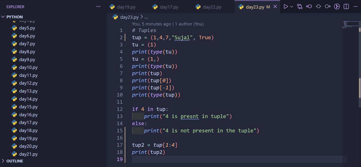 Sujalsingh_05's tweet image. Day 23 of #100daysofcode
Learned about tuples
#buildinpublic
