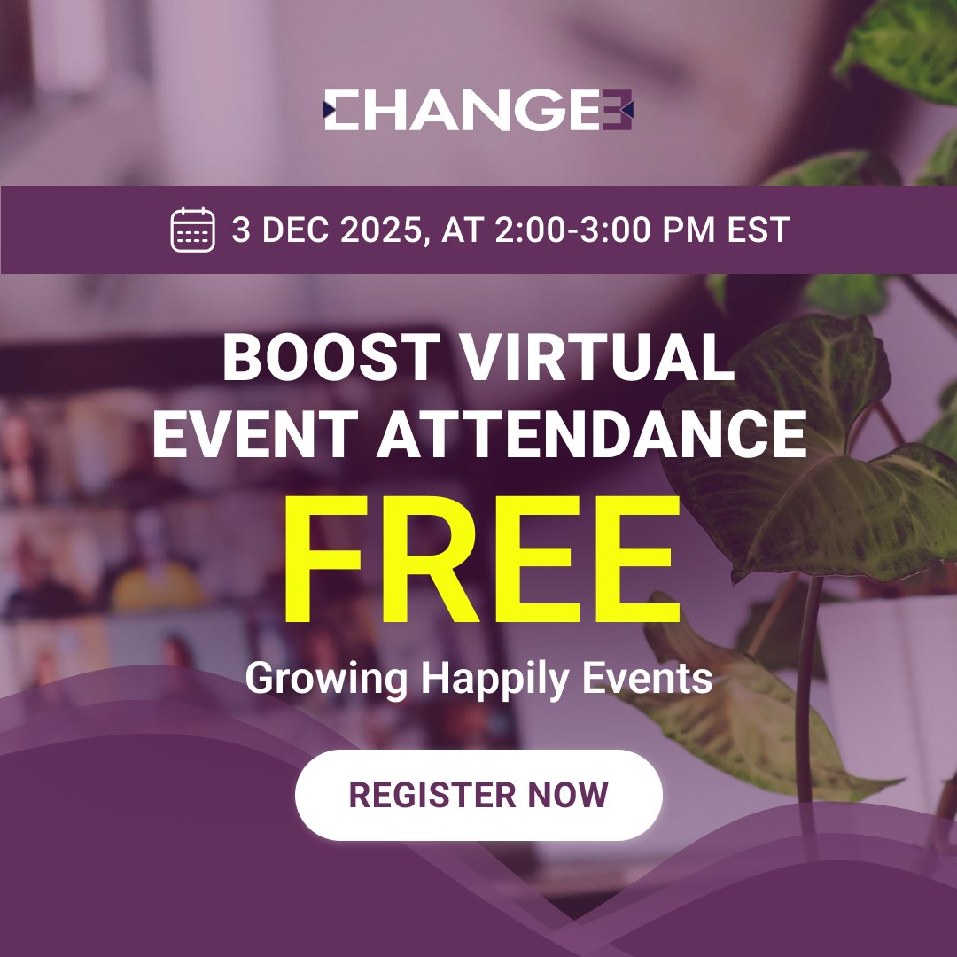 Change3E's tweet image. Join us for the free virtual event “What Strategies Actually Boost Virtual Event Attendance &amp;amp; Engagement?” and learn how to create connection and authenticity that keep audiences coming back!

📅 Join us! ow.ly/2nfr50XsySO

#GrowHappily #AudienceEngagement