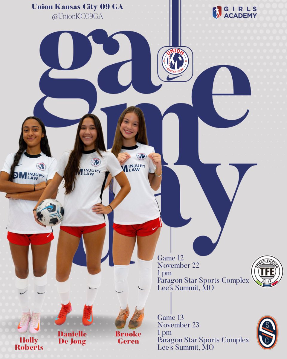 We have two huge GA league games this weekend as we welcome our friends from Minnesota to town. Come on out!
<a href="/TonkaFusionMN/">Tonka Fusion Elite | #65Strong</a> <a href="/SalvoSCGA/">Salvo Girls Academy</a> 
<a href="/GAcademyLeague/">Girls Academy</a> <a href="/kccoachdb/">Dan Brown</a> <a href="/unionkcGA/">Union KC Girl’s Academy</a> <a href="/ImCollegeSoccer/">College Soccer Truth ™</a> <a href="/ImYouthSoccer/">ECNL/GA/Recruiting/College Soccer</a> <a href="/TopDrawerSoccer/">TopDrawerSoccer</a> <a href="/travismclark/">Travis Clark</a> <a href="/PrepSoccer/">Prep Soccer ⚽️</a> <a href="/JREskilson/">J.R. Eskilson</a> <a href="/TheSoccerWire/">SoccerWire</a>