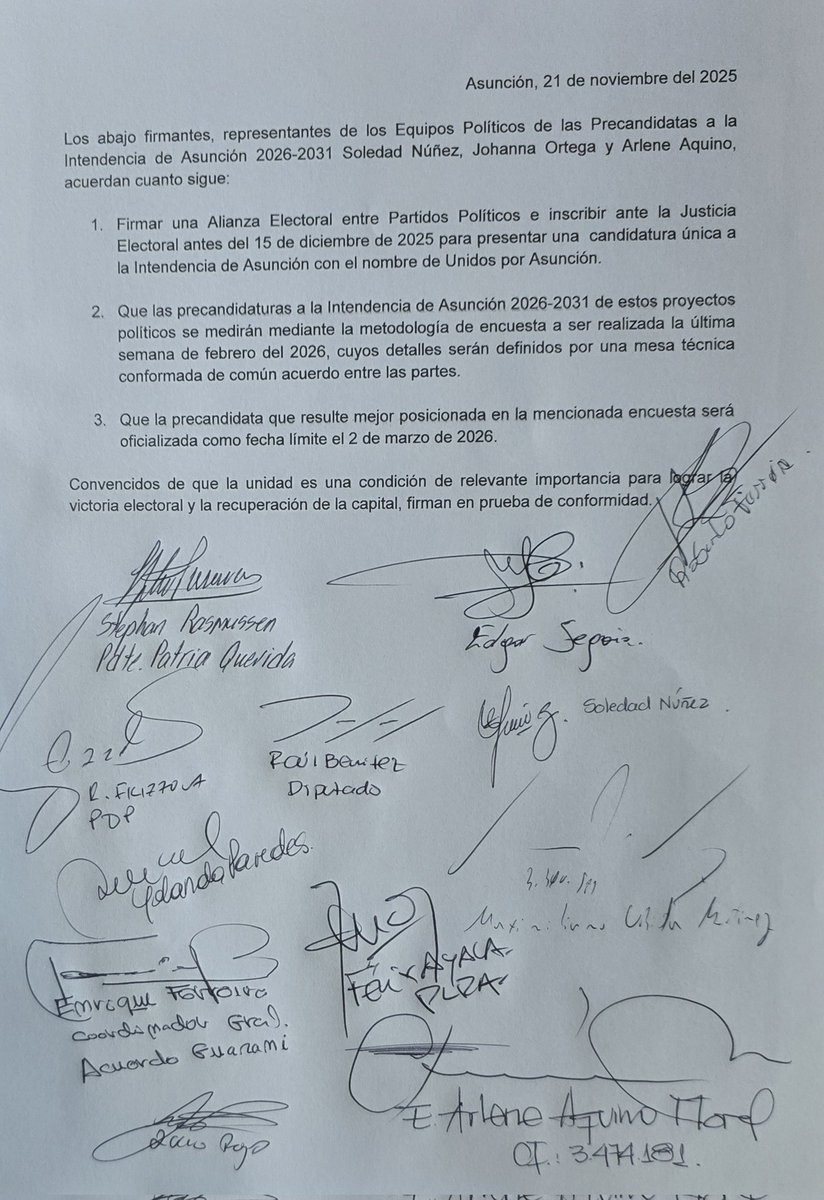 🗳️ Soledad Núñez, Johanna Ortega y Arlene Aquino pactaron someterse a una encuesta ciudadana en la última semana de febrero de 2026, cuyo resultado será vinculante. El objetivo: evitar la dispersión opositora y presentar una sola candidata a la Intendencia. 

⬇️