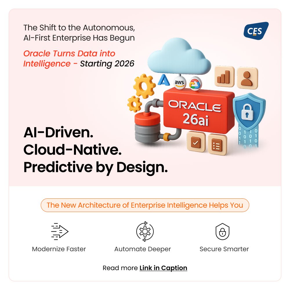 cesltd_'s tweet image. Oracle enters true enterprise intelligence in 2026 with AI-driven databases, self-healing security, GenAI in Fusion Apps, and a flexible multicloud path.
Full analysis: cesltd.com/oracle-2026-tr…

#Oracle #Oracle2026 #OracleAI #OracleCloud #Automation #CESLimited #CESSmart