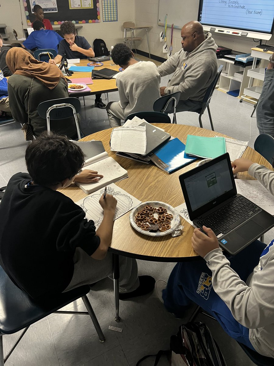 Working on our gratitude this holiday season in room 113.  Writing thank you letters to staff members who have made a positive impact on them at HB. 🦃 🙏🏻 <a href="/HBMSWarriors/">HB du Pont</a>