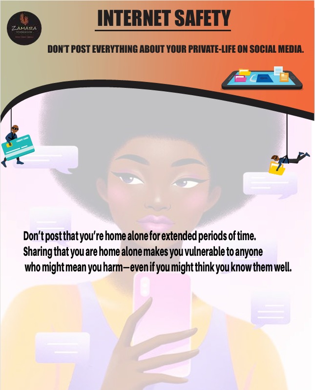 Being home alone is not a status update. Keep it off the internet. Not everyone online is who they claim to be, and oversharing puts young people in real danger. They must be taught to protect their privacy like their lives depend on it.
#DigitalSafety 
#ZamaraVoices
<a href="/Zamara_fdn/">Zamara Foundation</a>