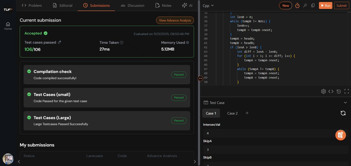 amansharma264's tweet image. ✅ Completed Step 6 – Lecture 6 of #TUFWinterArc  with @takeUforward_  (Striver Sir) 🚀

🧠 Topics Covered (Linked List – Medium Problems):
🔹 Find the Intersection Point of Two Linked Lists (Medium)  
🔹 Add 1 to a Number Represented by Linked List (Medium)  
🔹 Add Two Numbers…