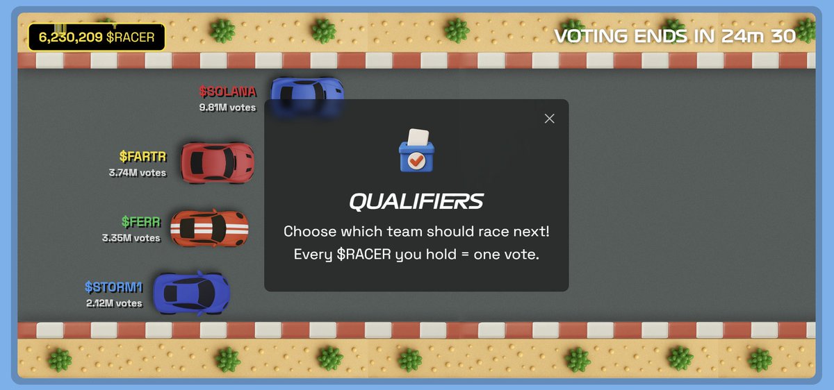 thirty minutes until the penultimate race of the Solana Grand Prix

stack $RACER
vote
swap
win

6M+ prize pot up for grabs, our largest yet