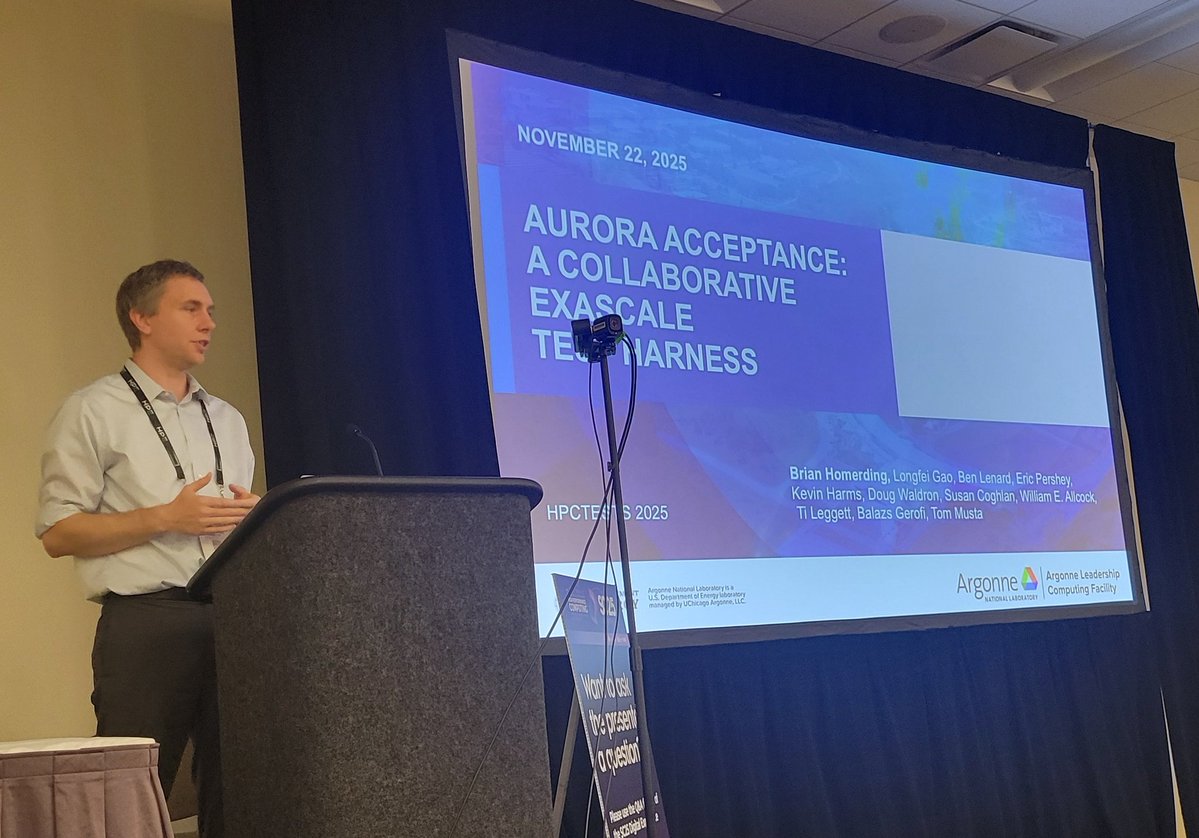 On stage now in Room 276 at #SC25 Brian Homerding from <a href="/argonne_lcf/">ALCF</a> discusses the evolution of the test harness developed for the #Aurora supercomputer #HPCTESTS2025