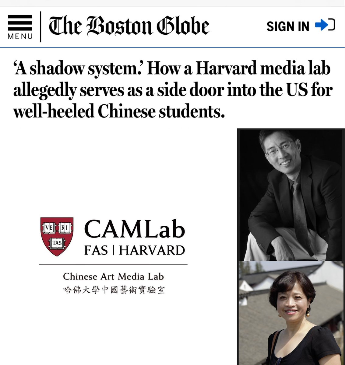 Byron_Wan's tweet image. An investigation found that Harvard University’s CAMLab (formerly Chinese Arts Media Lab; now Cognitive Aesthetics Media Lab), founded by 🇨🇳-born professor Eugene Wang (汪悦进), has in recent years used its exchange program to squeeze funds from eager foreign students, while also…