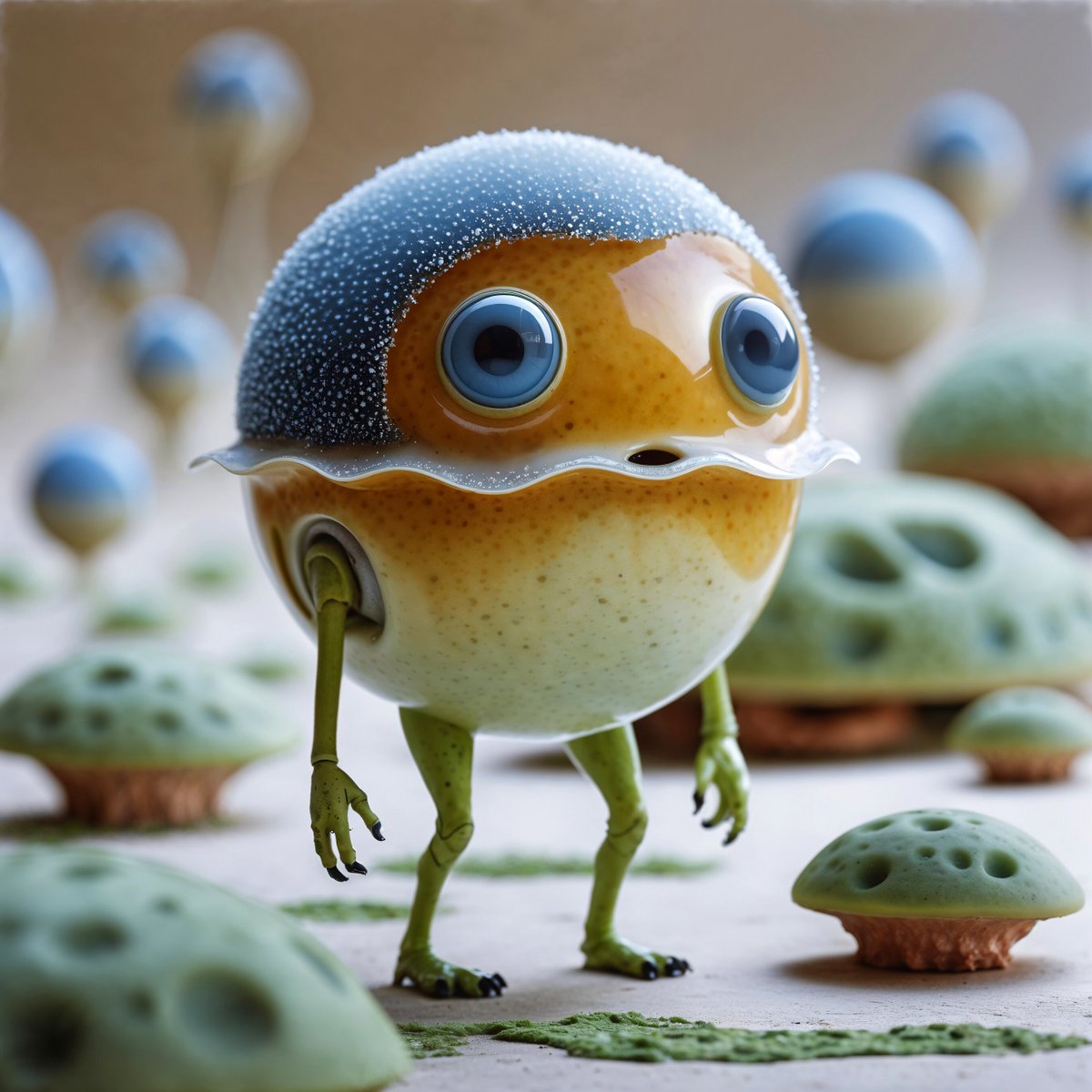 J_C_Ephraim's tweet image. This  organism bears a near-spherical torso supported by two elongated,  sinewy limbs. Its glasslike dermis transitions from amber to deep ocean  blue, overlaid with a fine frost of sensory nodules.

Made with @leonardoaiofficial and animated with @klingai_official