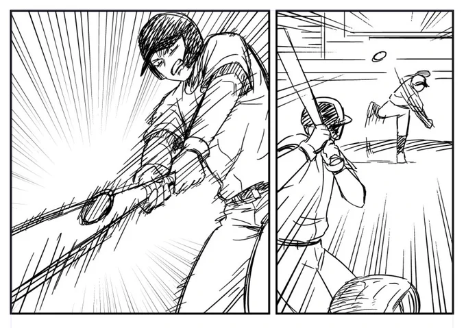 カメラワーク演出の説明用見本作画してるとこなのですが、まだアクション描き慣れてなくて描けるように描けー!!って描いてたら2コマ目の腕の動きとバットの動きの線の角度違っちゃったんですけど、これは…セーフ?アウト…?(;・∀・)
アクションわからん… 