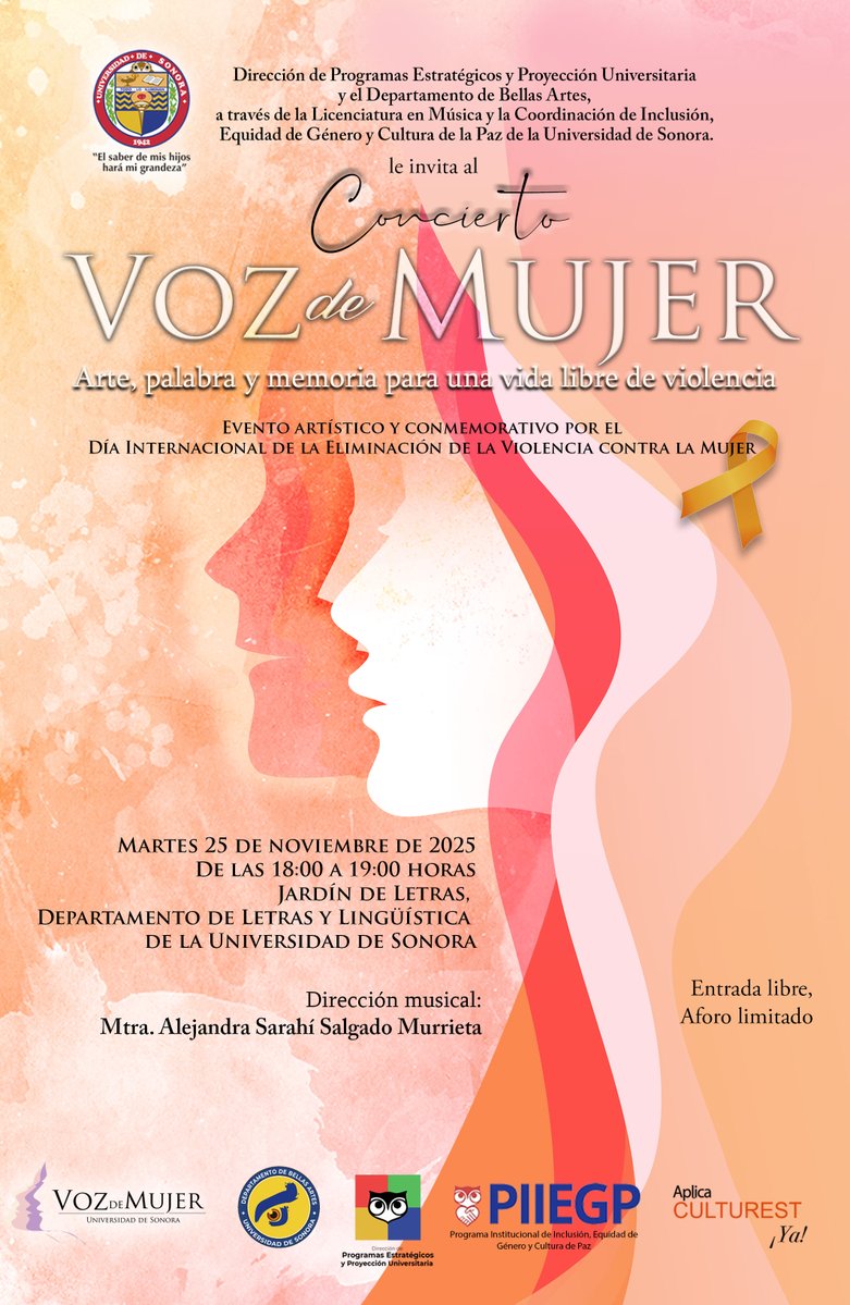 SoyUnison's tweet image. El próximo 25 de noviembre se llevará a cabo el Concierto &quot;Voz de Mujer&quot;, evento artístico y conmemorativo por el Día Internacional de la Eliminación de la Violencia Contra la Mujer, de 18:00 a 19:00 horas, en el Jardín de Letras.
Entrada libre.
Aforo limitado.
Aplica Culturest.