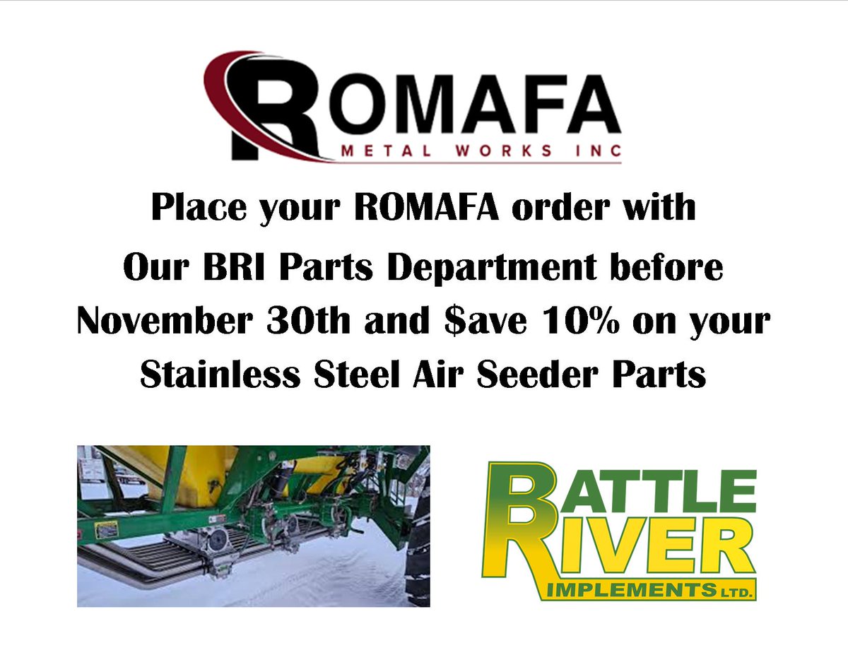 Shop with us <a href="/BRILTD/">Battle River Implements</a> and $ave! 
@Romafa  Call our Pars Department 1 877 913 3373