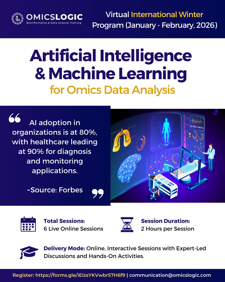 OmicsLogic's tweet image. Join our 𝟐 𝐌𝐨𝐧𝐭𝐡 𝐎𝐧𝐥𝐢𝐧𝐞 𝐏𝐫𝐨𝐠𝐫𝐚𝐦 𝐨𝐧 𝐀𝐈/𝐌𝐋 𝐟𝐨𝐫 𝐎𝐦𝐢𝐜𝐬 𝐃𝐚𝐭𝐚 𝐀𝐧𝐚𝐥𝐲𝐬𝐢𝐬 2.0 🎉

Learn  AI and ML for in biological and medical research, this program emphasizes hands-on learning and practical techniques tailored for non-computer scientists.