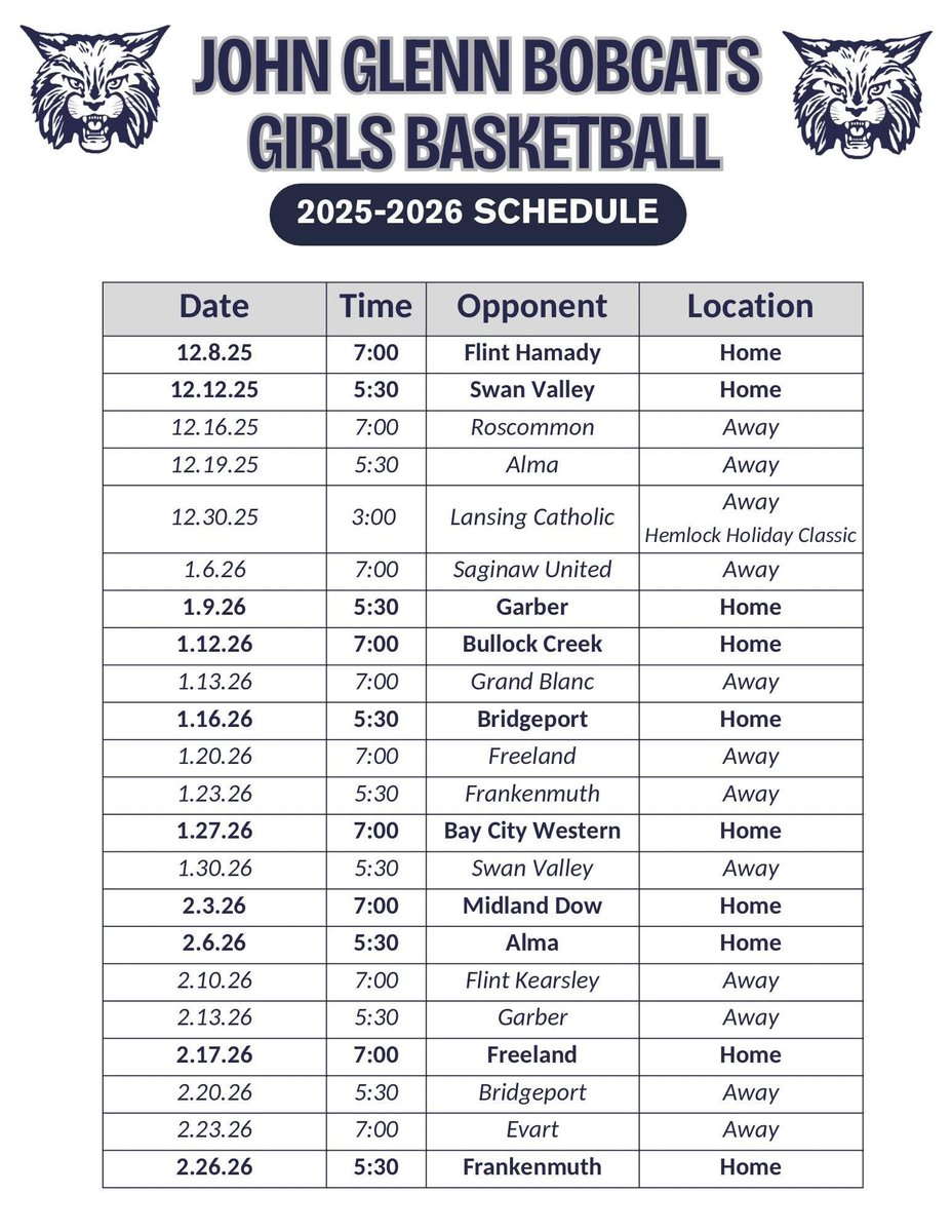Its FINALLY HERE… 

My Basketball schedule for the 2025/2026 season. Come out support the #BOBCATNATION 💪🏽🫶🏽

<a href="/PGHMichigan/">Prep Girls Hoops Michigan</a> <a href="/pgh_Danyle/">PrepGirlsHoopsDanyle</a> <a href="/CoachEvanBell/">Evan Bell</a> <a href="/MichHSBball/">Mich HS Bball</a> <a href="/BCJGlennGBB/">John Glenn GBB</a>