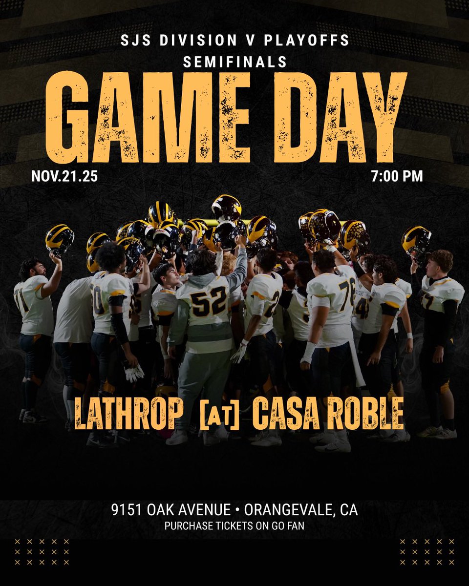 LHSSpartansFB's tweet image. GAME DAY! 🏈

Our Spartans make the trek back up north to battle it out with the Casa Roble Rams in this semifinals matchup. 

LET’S GO! 

#lathropfootball #LHS #spartannation #spartanstrong #blackandgold #footballfam #2025season #letsgo #unfinishedbusiness #sjsplayoffs #d5