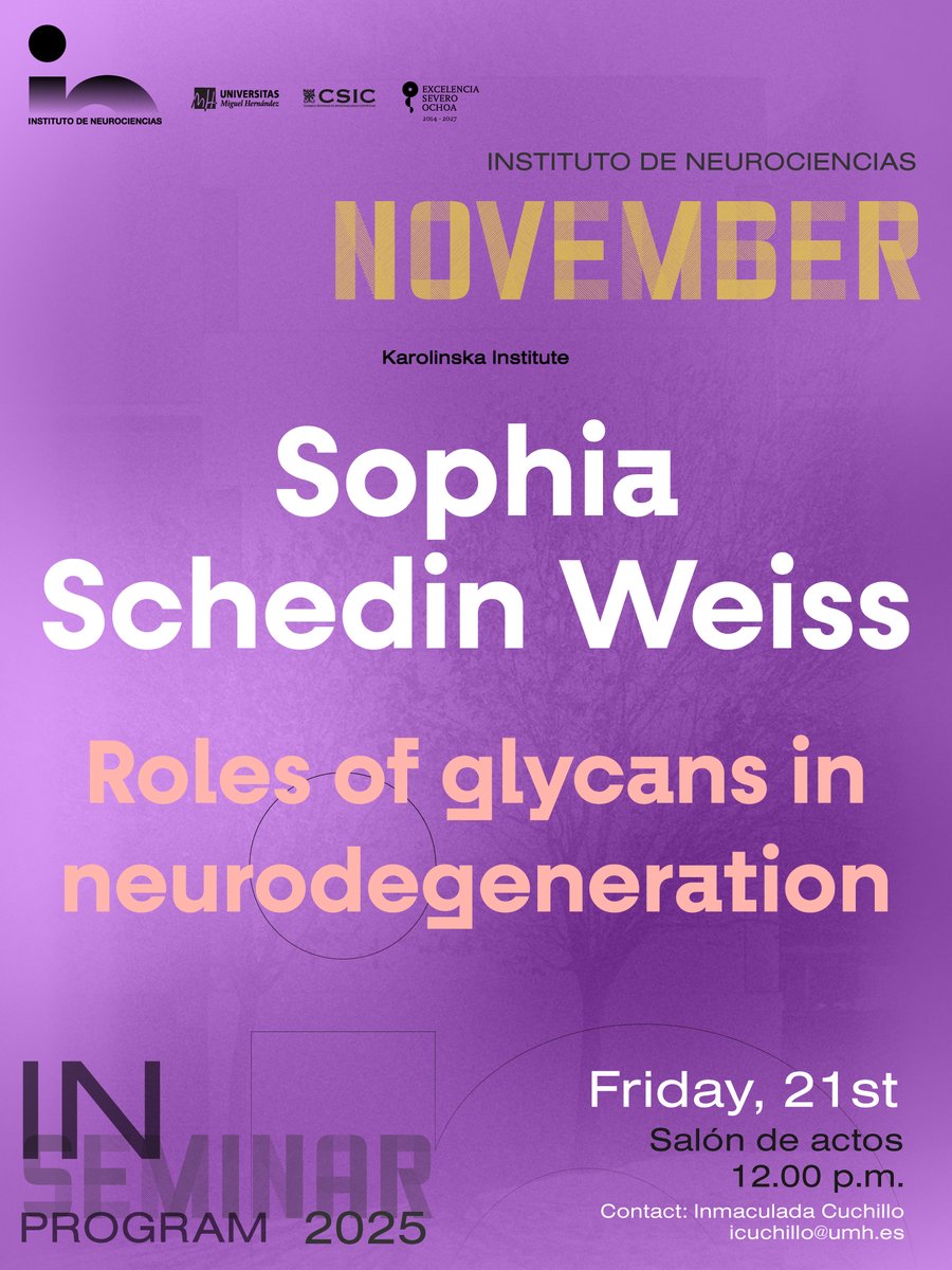 NeuroAlc's tweet image. Today we had the pleasure of hosting Dr. Sophia Schedin Weiss @SchedinWeiss from @karolinskainst at our #SeminarsIN with her talk: “Roles of glycans in neurodegeneration”
A fantastic lecture, thank you! 👏👏
@CSIC @CSICval @UniversidadMH @IbanezIcuchillo