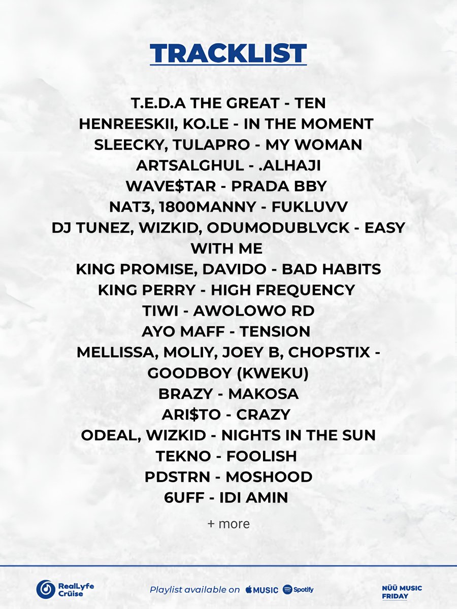 RealLyfeCruise's tweet image. From the underground to the mainsream.
Catch the freshest drops this week from @TheGreatTEDA, @henreeskii, @vict0ny, @wavestarlife, @ARTSALGHUL, @AyoMaff and more.

Cover: @TheGreatTEDA

Spotify: spotify.link/c1QdC8nExXb

Apple Music: music.apple.com/ng/playlist/fr…

Tap in!