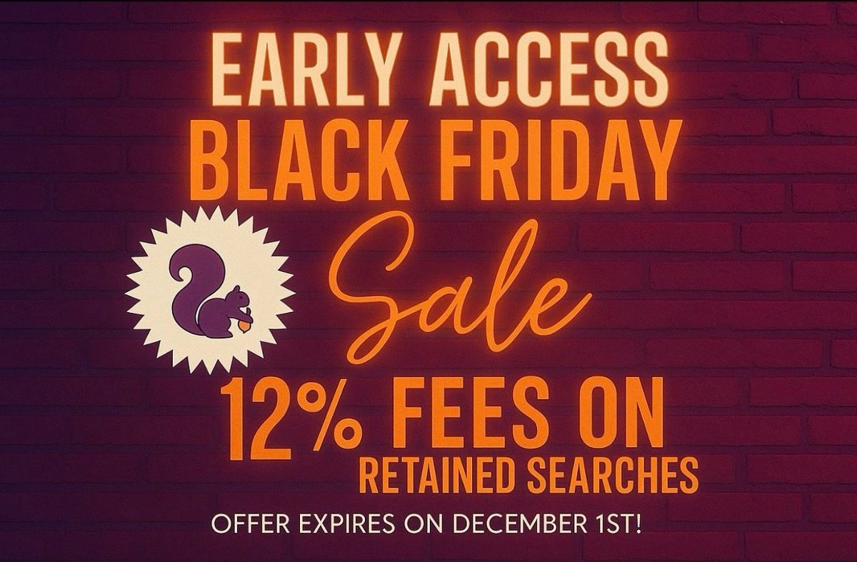 4PurpleSquirrel's tweet photo. 🔥 Hiring Managers — Only 1 Week
Left! Our Early Access Black Friday Sale is almost over. Lock in 12% fees on new Retained Searches before Dec 1.
Need to fill key roles before year-end or get ahead of Q1? 

612-276-3789
https://t.co/34y9dKLhIk

#hiring #staffing #recruiting #Q4 https://t.co/0ZHLgU55On