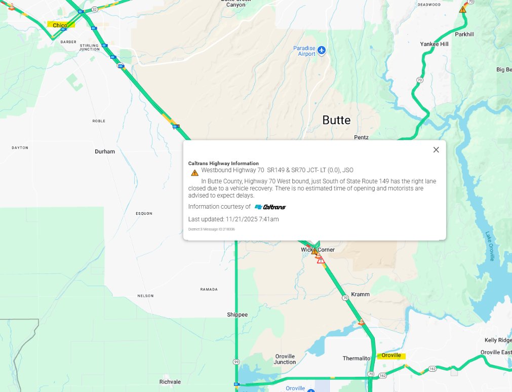 CaltransDist3's tweet image. #TrafficAlert SR 70 (S of SR 149) Butte County-Expect delays on WB SR 70 due to vehicle collision blocking the #2 lane.  No ETO at this time for reopen. Crews are on site. Check real-time conditions on #QuickMap app.
#Caltrans #KnowBeforeYouGo