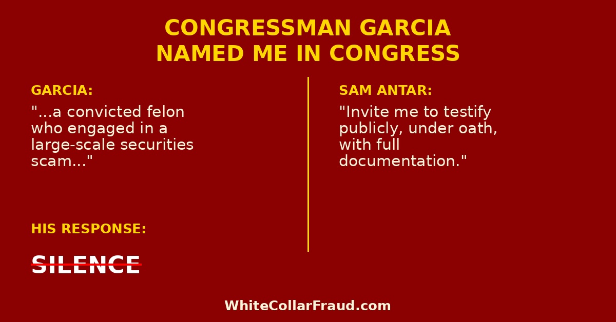 BREAKING: CONGRESSMAN GARCIA'S LETTER JUST BACKFIRED SPECTACULARLY

Rep. Robert Garcia (<a href="/RepRobertGarcia/">Congressman Robert Garcia</a>) (D-CA) put my name in an official letter entered into the Congressional Record, calling me "a convicted felon who engaged in a large-scale securities scam" and demanding FHFA