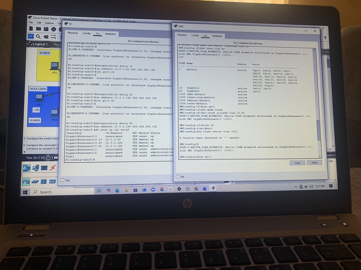 Romz_inc's tweet image. Day 19 of my CCNA journey.
Learnt VLAN trunks, native VLANs, 802 dot 1Q tags, and router on a stick.
Configured trunks and subinterfaces in Packet Tracer today.
Concepts are becoming clearer and more practical.

#CCNA #Networking #Cisco