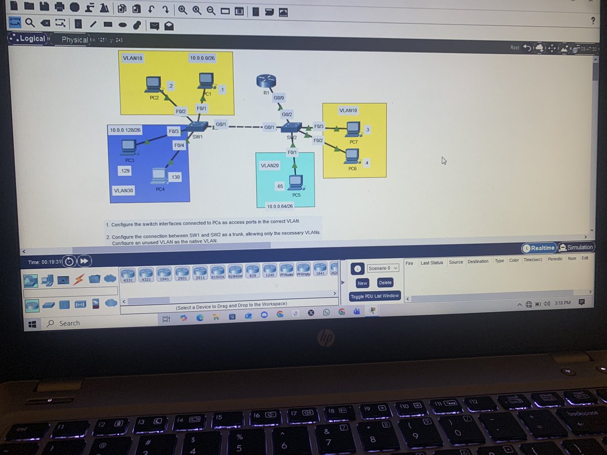 Romz_inc's tweet image. Day 19 of my CCNA journey.
Learnt VLAN trunks, native VLANs, 802 dot 1Q tags, and router on a stick.
Configured trunks and subinterfaces in Packet Tracer today.
Concepts are becoming clearer and more practical.

#CCNA #Networking #Cisco