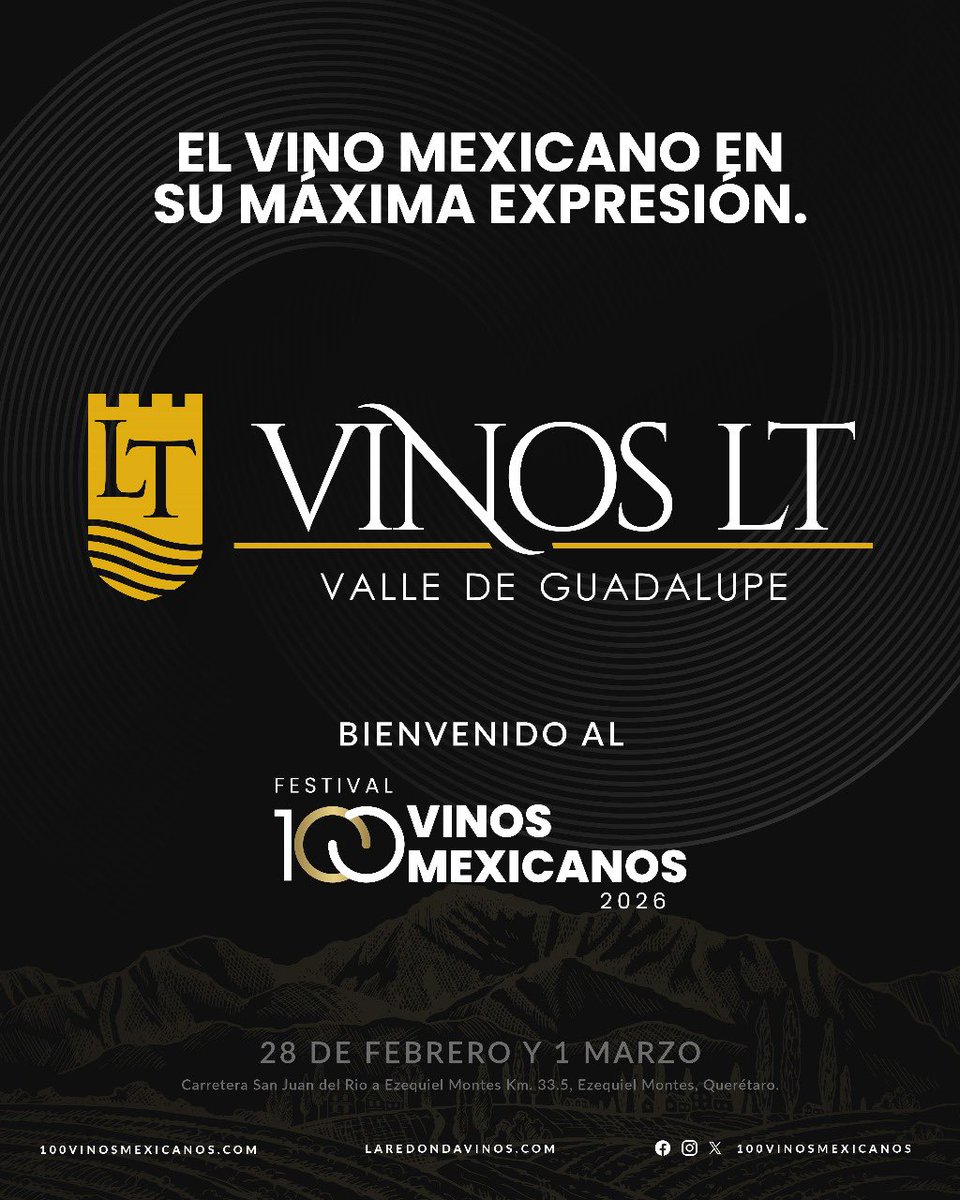 ¡Confirmado! 🍷 
Vinos LT presente en el Festival de 100 Vinos Mexicanos 2026.
Prepárense para degustar "El vino mexicano en su máxima expresión" con las etiquetas de Vinos LT, una joya de Baja California. Su pasión y calidad estarán a solo una copa de distancia😄🍷.
🗓️ 28 de