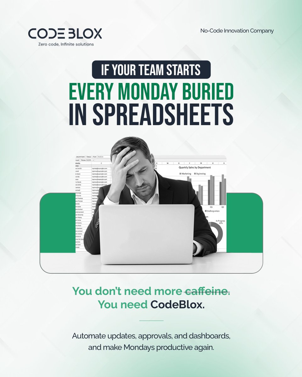 CodeBloxHQ's tweet image. Manual data work shouldn’t take over your week.

CodeBlox turns spreadsheets into smart workflows.

Unlock real productivity from Day 1

Schedule a demo: codeblox.com/schedule-demo

#CodeBlox #NoCode #Automation #BusinessAutomation #DigitalTransformation #NoCodePlatform #WorkSmarter