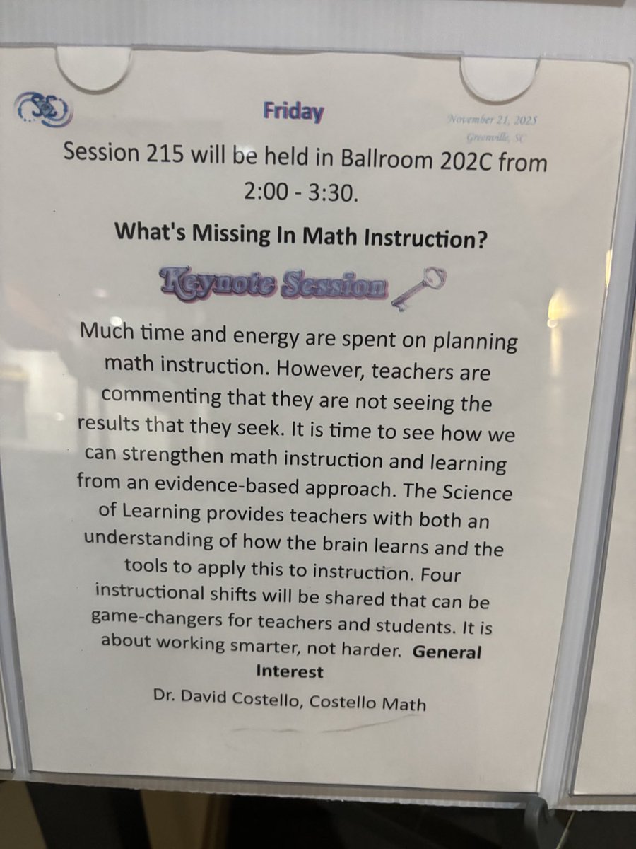 dr_costello's tweet image. I’m thrilled to be a keynote speaker for this year’s ⁦@SCmathteachers⁩ Conference. 

What’s the topic? 
Exploring 4 instructional shifts that have a great impact on student learning and test scores!

#scienceoflearning #math #maths #retrievalpractice #education