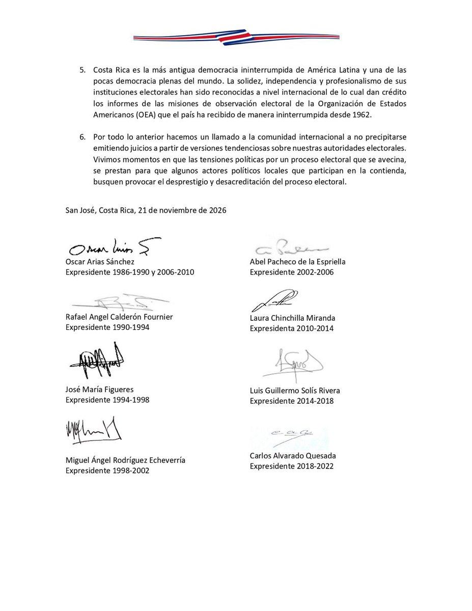 Laura_Ch's tweet image. A LA OPINIÓN PÚBLICA INTERNACIONAL Y EN DEFENSA DE LA DEMOCRACIA DE COSTA RICA.

Ante manifestaciones emitidas por personas extranjeras de alto rango político, cuestionando procedimientos constitucionales y decisiones del @TSECostaRica y poniendo en duda la solidez de la…