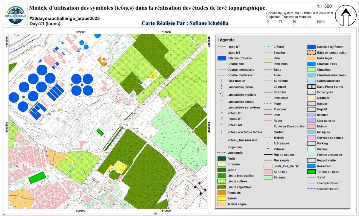 #30daymapchallenge
#30daymapchallenge2025
#30daymapchallenge_arabe2025
Day:21 (Icons)
Modèle d'utilisation des symboles (icônes) dans la réalisation des études de levé topographique.