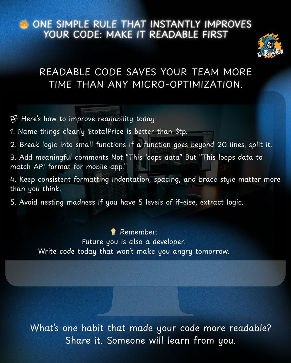 TechsavyRaj's tweet image. 🔥 One Simple Rule That Instantly Improves Your Code: Make It Readable First

#PHP #Laravel #CodeIgniter #CleanCode #BackendDevelopment #ProgrammingTips #WebDevelopment #SoftwareEngineering