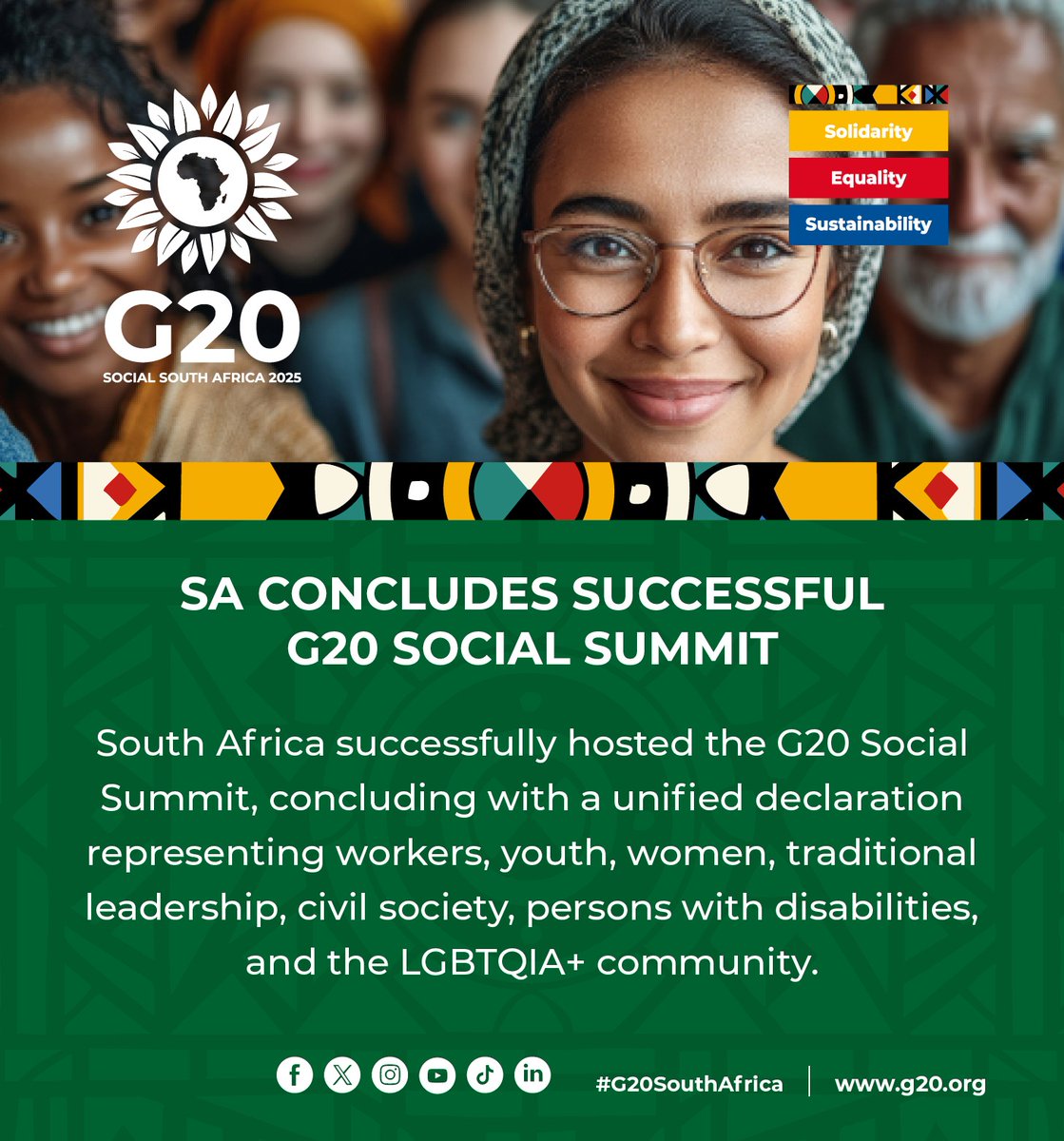 dstigovza's tweet image. SA CONCLUDES SUCCESSFUL G20 SOCIAL SUMMIT:

South Africa successfully hosted the #G20 #SocialSummit, concluding with a unified declaration representing workers, youth, women, traditional leadership, civil society, persons with disabilities, and the LGBTQIA+ community. @g20org