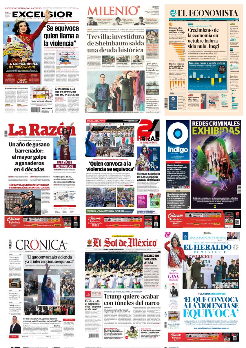 castroclemente's tweet image. En #Portadas
#PrimerasPlanas 
- Atorón de economía mexicana
- De kínder modelo a huachitunel 
- Se equivoca quién convoca a la violencia: Sheinbaum 
- Fátima Bosch es #MissUniverse  
Hay #monos q se pintan solos 
EsTT:  Revolución Mexicana 

#TromposyPirinolas
#FelizViernes