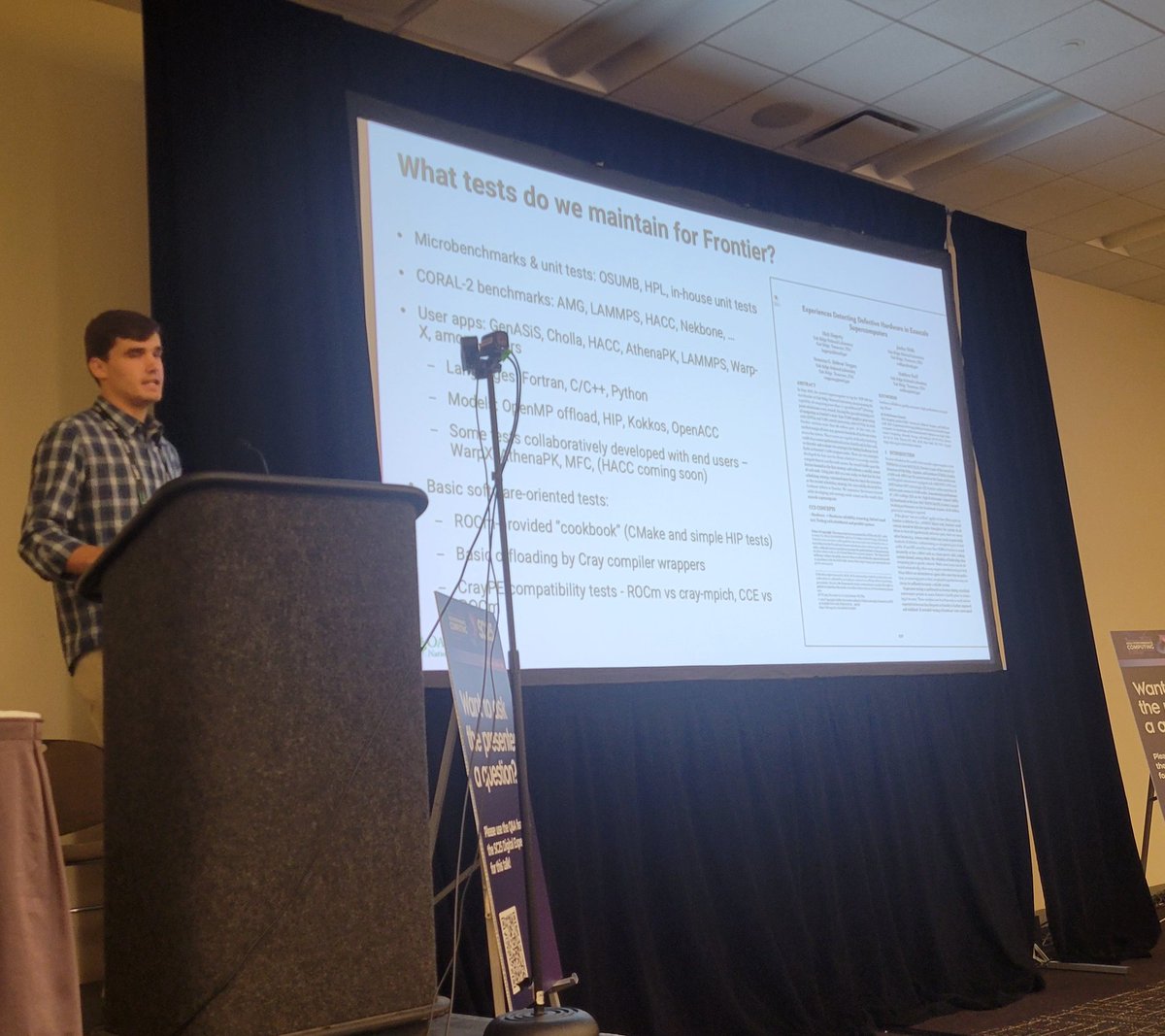 Closing the morning session at #SC25 #HPCTESTS2025 <a href="/OLCFGOV/">OLCF</a>'s Nick Hagerty discusses the database backend added to the OLCF Test Harness github.com/olcf/olcf-test… used for acceptance and regression testing on #Frontier