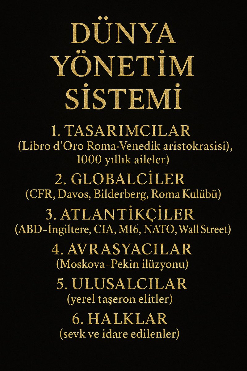 Dünya Yönetim Sistemi
1-Tasarımcılar
2-Globalciler
3-Atlantikçiler
4-Avrasyacıl
5-Ulusalcılar
6-Halklar