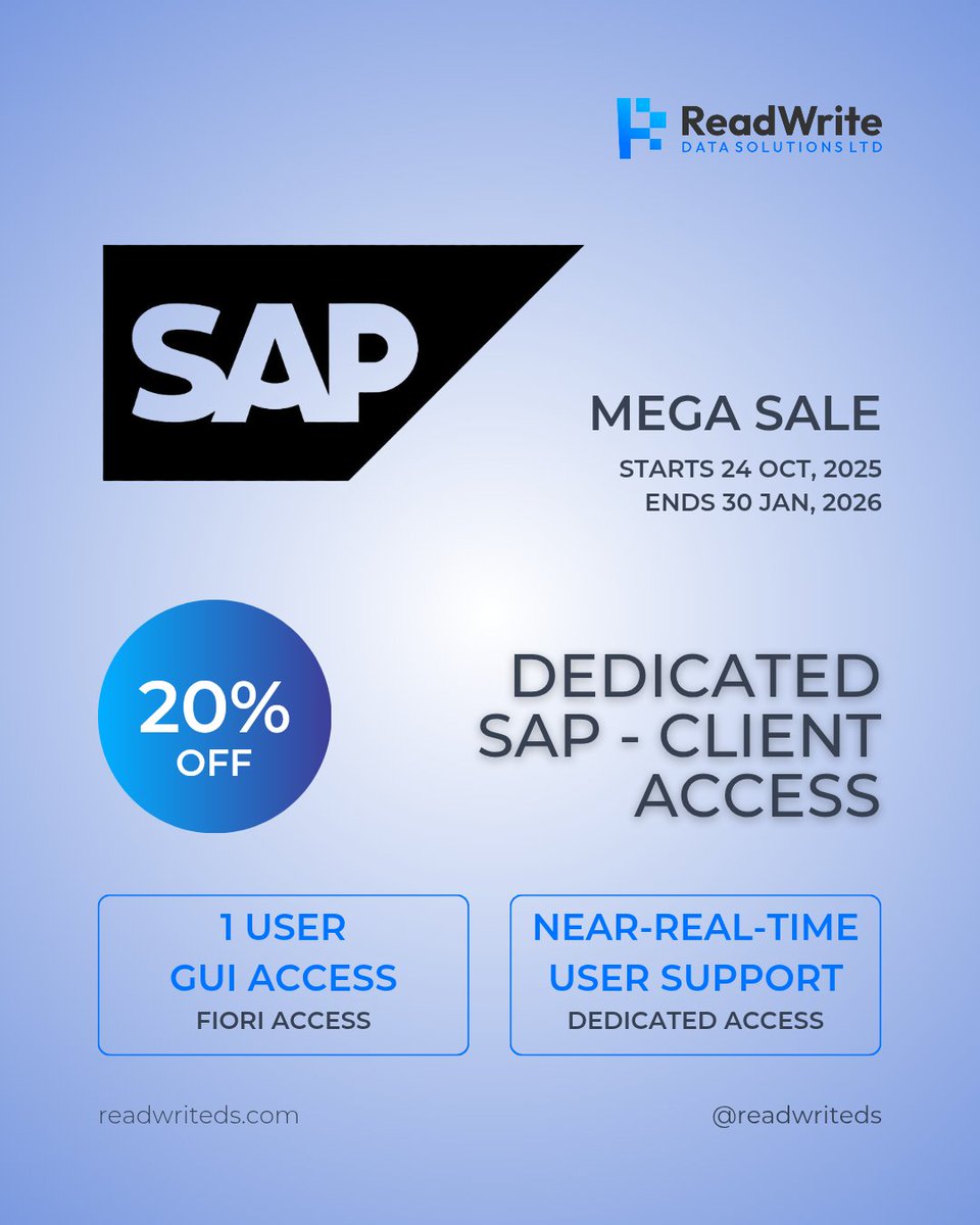 ReadWriteDS's tweet image. Your SAP experience just got better — and cheaper! 🎉
Get 20% OFF on Dedicated SAP Client Access and stay ahead with fast support &amp;amp; smooth workflow.
Offer ends January 30, 2026.
#SAPSolutions #ReadWrite #DataDriven