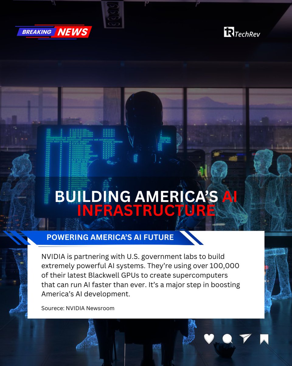 TechRevLLC's tweet image. AI in the U.S. just got a major power-up. ⚡🤖

NVIDIA is building massive new supercomputers with over 100,000 Blackwell GPUs, making AI faster, smarter, and more capable than ever. 🚀
 
#nvidia #AIRevolution  #newsupdates #supercomputing #technews #FutureOfAI