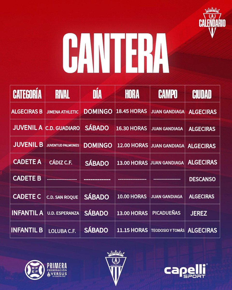 AlgecirasCF's tweet photo. ⚽️ 𝐂𝐀𝐍𝐓𝐄𝐑𝐀 | Intensa jornada de fútbol base para los nuestros.

👏 Súper Sábado desde las diez con tres partidos en el Juan Gandiaga.

Recuerda que si eres abonado del @AlgecirasCF tienes acceso gratuito al recinto. https://t.co/nPuRJfgeob