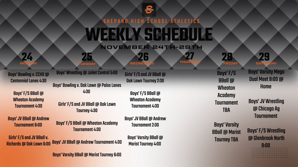 Check out the full slate of Shepard Athletics for next week, including the tip-off for our Boys' Basketball teams and our Wrestling program. <a href="/ShepardAstros/">Shepard High School</a> 
Full Schedule of Events: schools.snap.app/ShepardHS/cale…